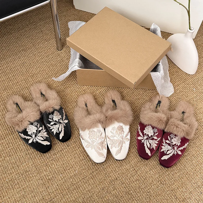 

2025 New Embroidered Half Slippers for Women Casual Furrly Warm Flat Bottom Mules Slipper Autumn Winter Slip on Women Shoes