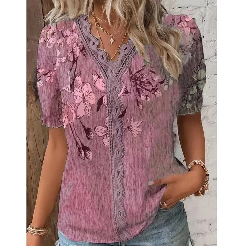 Elegant Women\'s Blouse 2024 Summer V-neck Flower Printed Lace Blouses Casual Vintage Patchwork Shirt Short Sleeve Tops Clothes