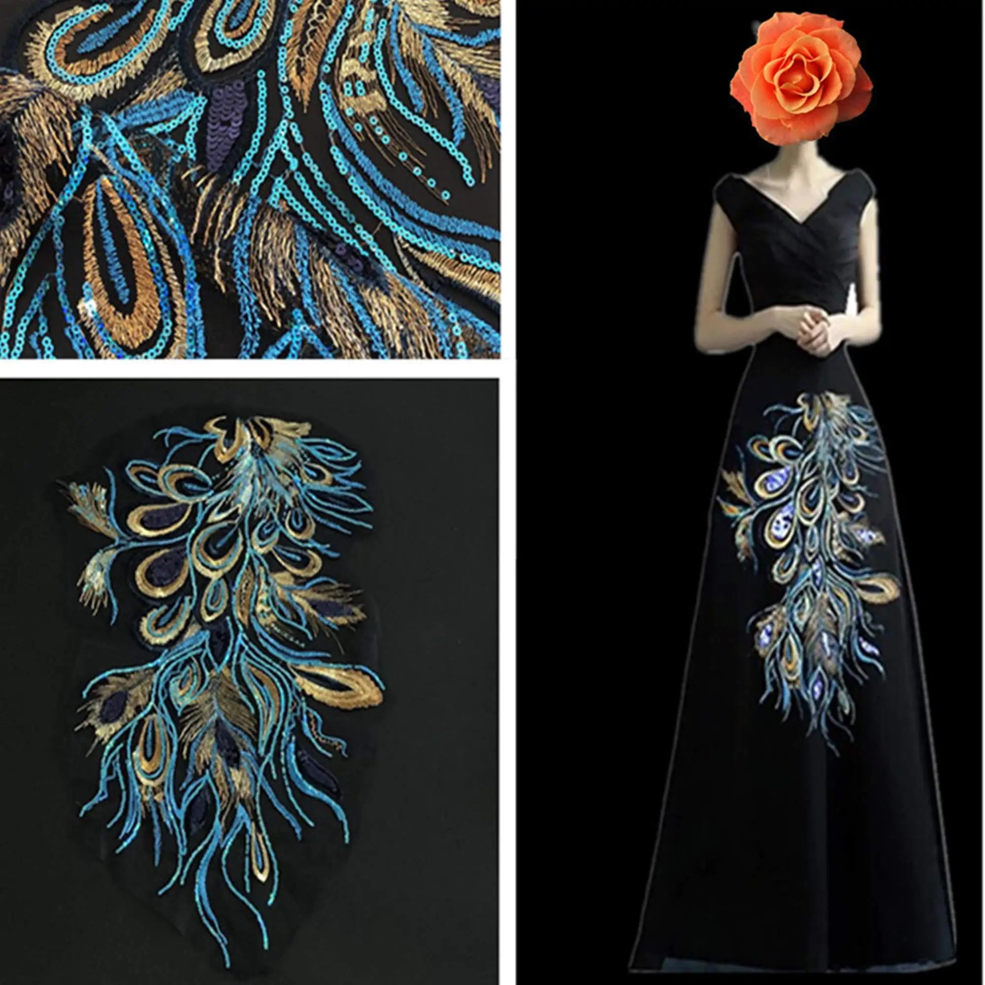 

Big Embroidered Sequins Appliques,Embroidered Flowers,Sew-on Patches For Dress Supplies,Peacock phoenix feather For Dress DIY