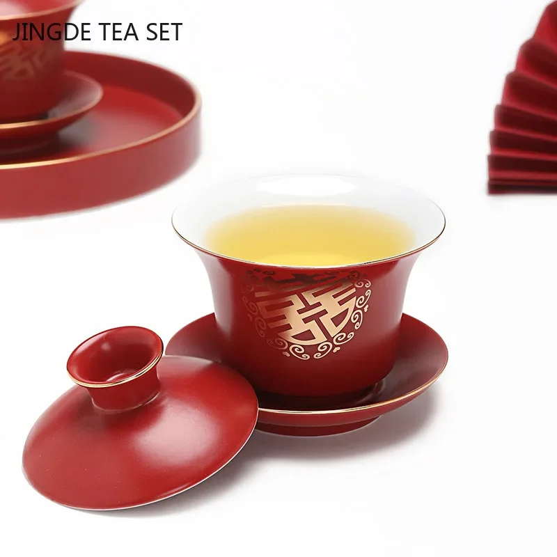 Boutique Red Ceramics Gaiwan with Lid Master Cup Handmade Porcelain Tea Cup Household Tea Bowl Wedding Tea Set Accessories