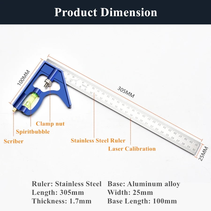 Adjustable Square Angle Ruler Set for Engineers, Multi Combination, Right Angle Protractor, Woodwork Measuring Tool Set, 3 in 1