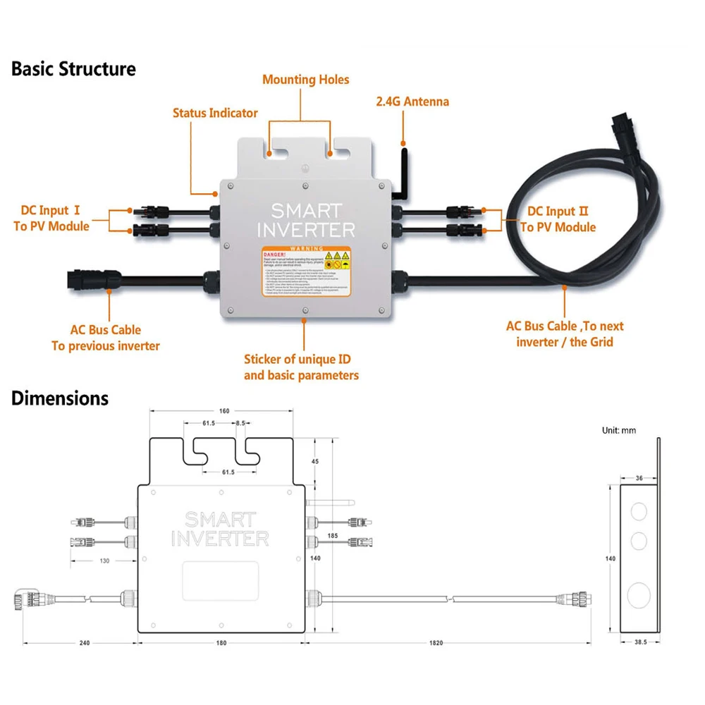 SG600W 700W 800W MPPT Grid Tie Solar Inverter PV Smart Micro Inverter Operation Voltage Range 20V-60V WIFI Monitoring