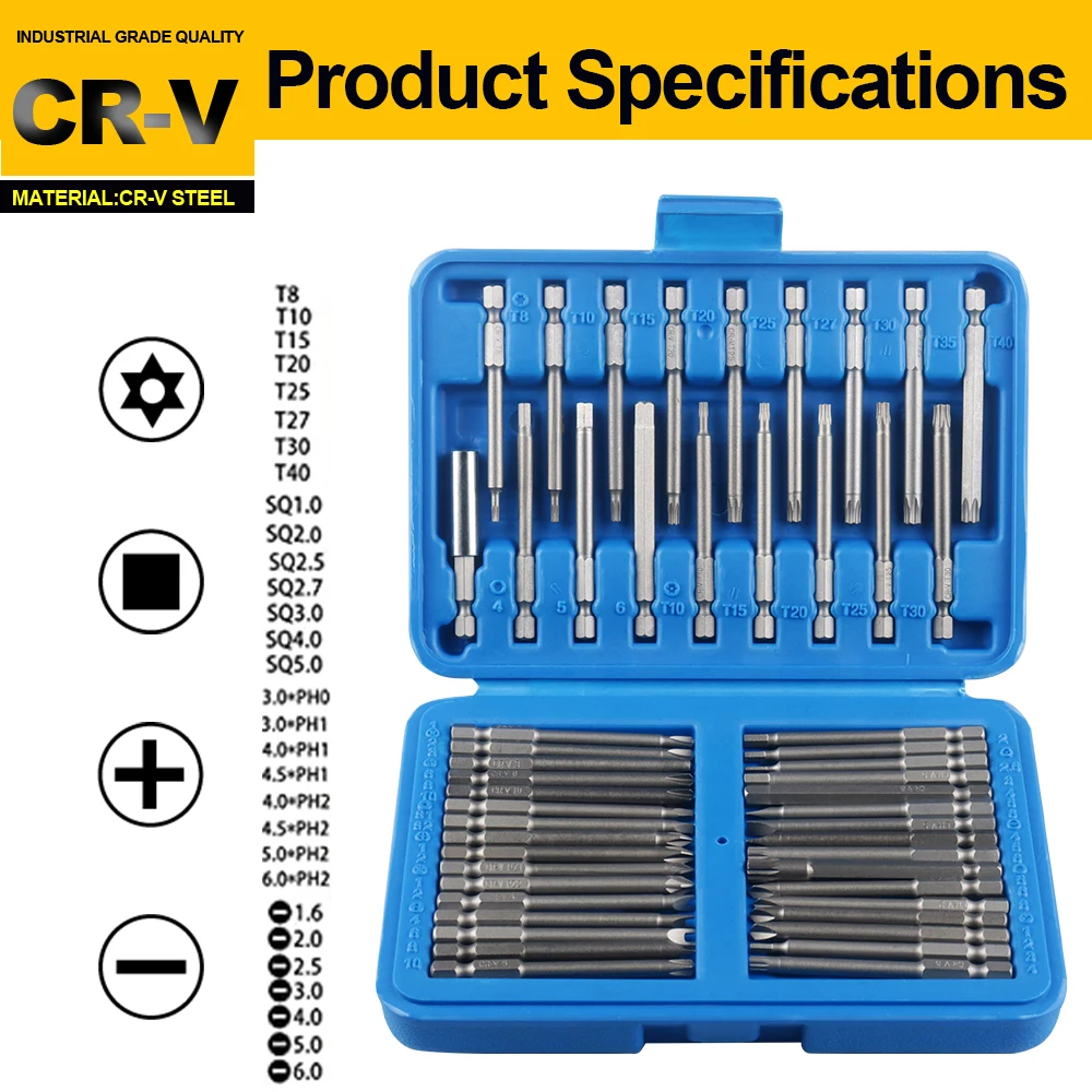 WOZOBUY Hi-Spec 50pc 75mm Extra Long Screwdriver Set Hex Torx Security Long Screwdriver Bits Ratchet Screwdriver Bit Set Tool Se