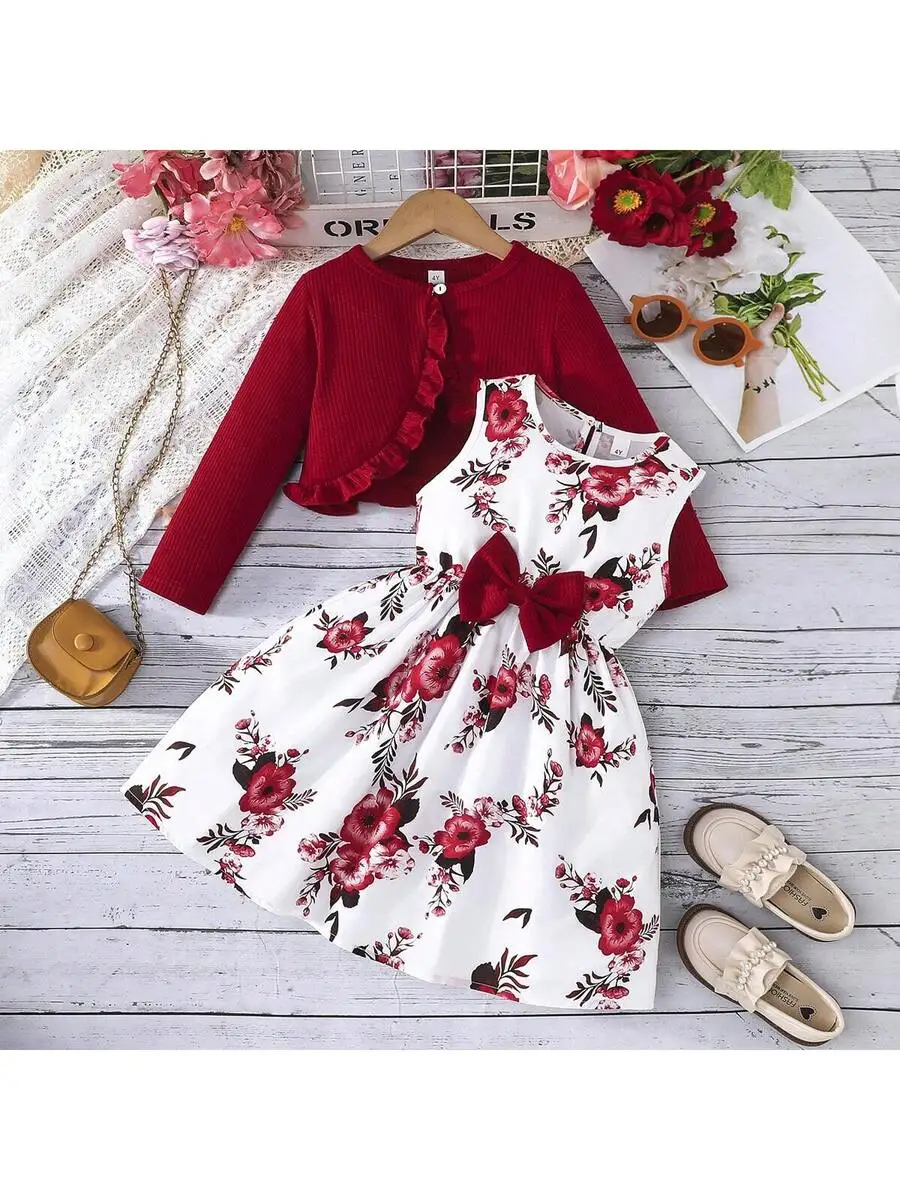 

Floral Sleeveless Dress With Ruffled Ribbed Cardigan Set