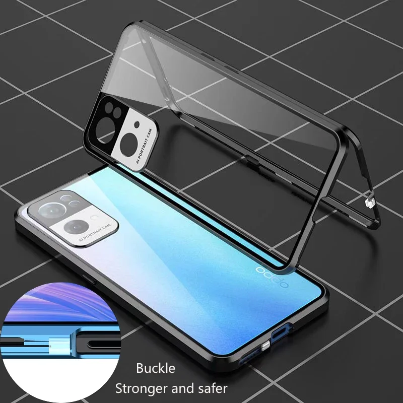 Magnetic Metal Frame Front Back Glass Snap Buckle Case For OPPO F23 F25 F27 Pro Plus 5G Full Camera Lens Protection Cover Cases