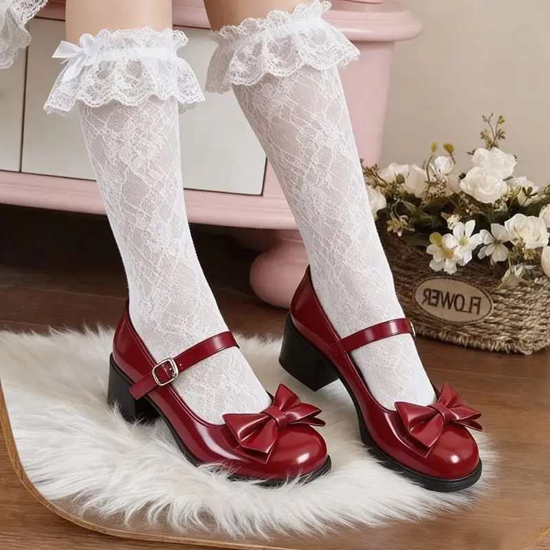 Japanese Vintage Elegance Lolita Mary Jane Heels Women Sweet Bows Patent Leather Cosplay and Tea Parties Shoes Y2k Low-top Shoes