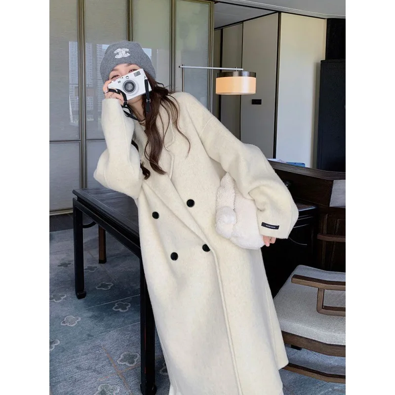 Oat-colored double-sided cashmere woolen coat for women's autumn and winter 2023 new Korean popular knee-length woolen coat