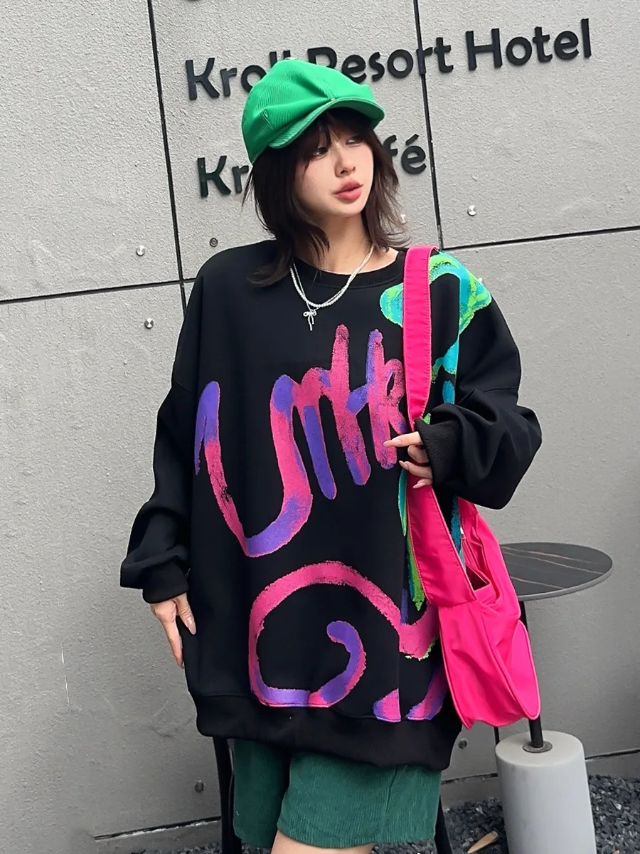 Graffiti Pullover O Neck Long Sleeve Oversized Tops Women 2024 New Y2k Clothes Casual Loose Sweatershirts Sportwear Outwear