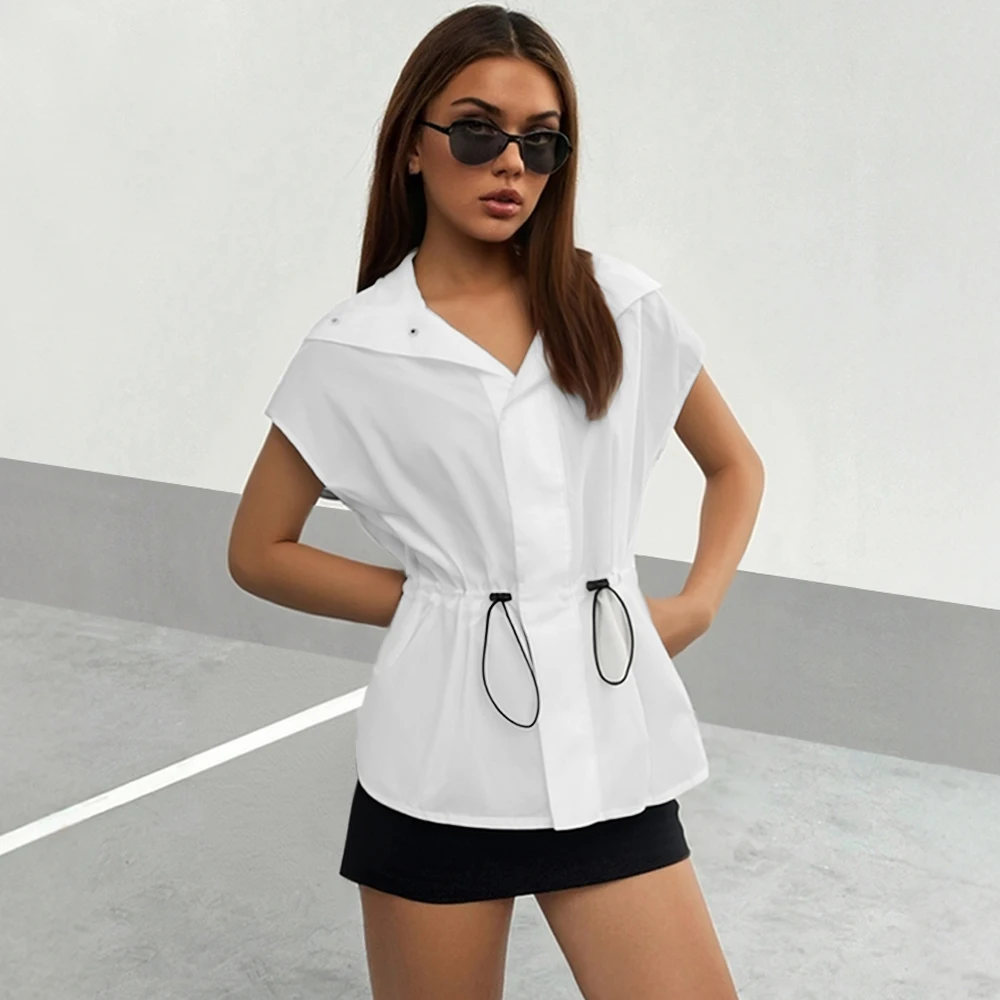 

Women's T-Shirts Summer 2025 Decent Simple Plain Drawstring Short Sleeve Lapel Suitable All Occasions T-Shirts