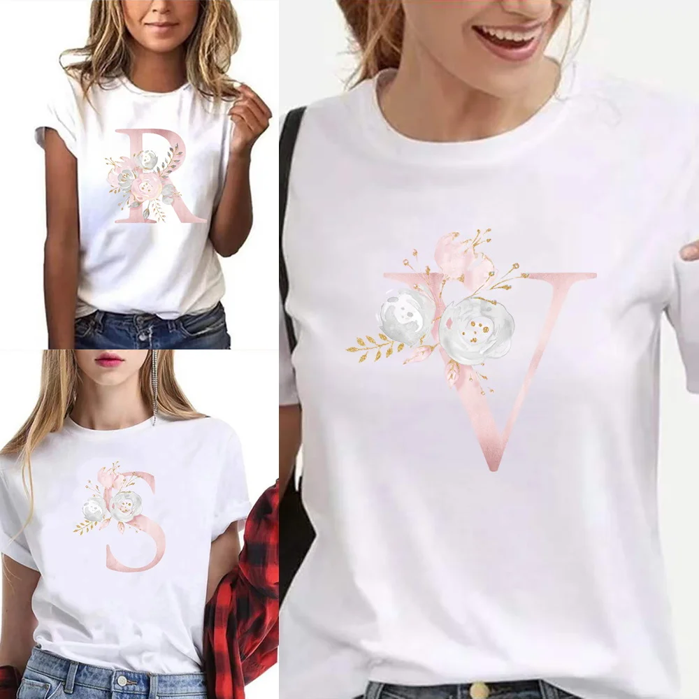 

Summer Short Sleeve Lovely Trend Pink Flower Printed T-shirt Fashion T shirt for women O-neck Tops Harajuku Casual Pullover Tees