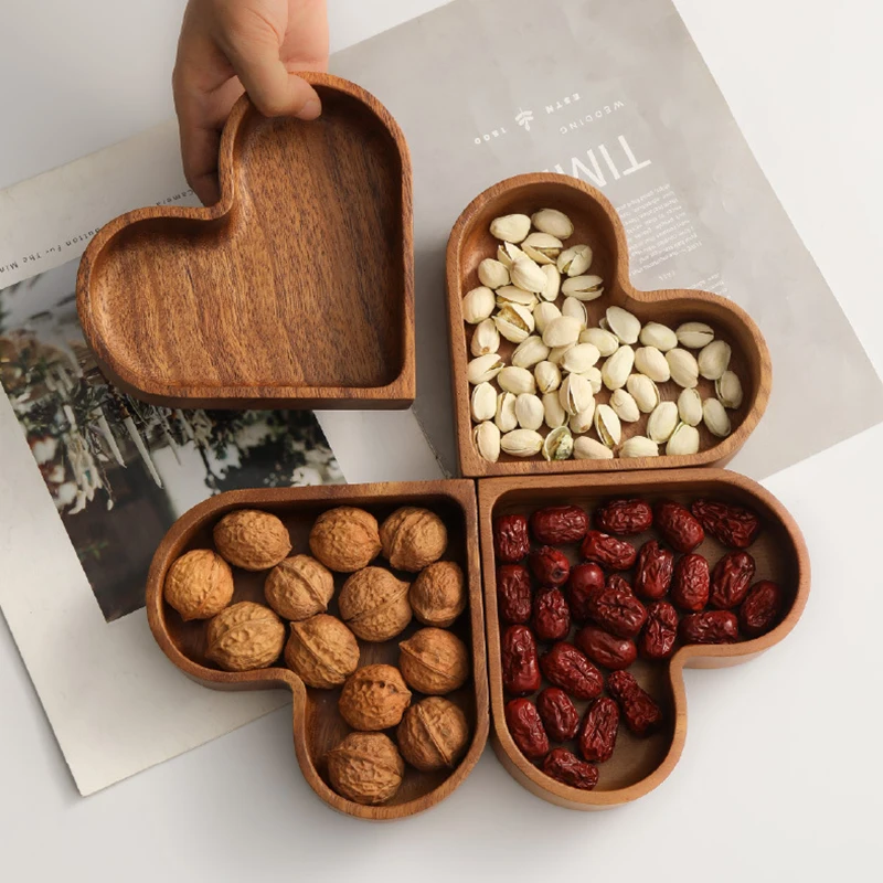 

Walnut Heart-Shaped Dry Fruit Tray Chinese Style Tea Dessert Candy Plate Creative Nut Bowl Bedroom Solid Wood Storage Decor