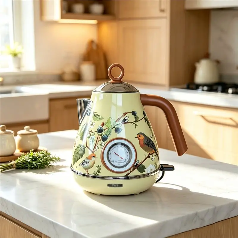 A94E-Retro Electric Kettle 1.7L EU Plug Temperature Control Vintage Flowers And Birds Water Boiler For Quick Boiling