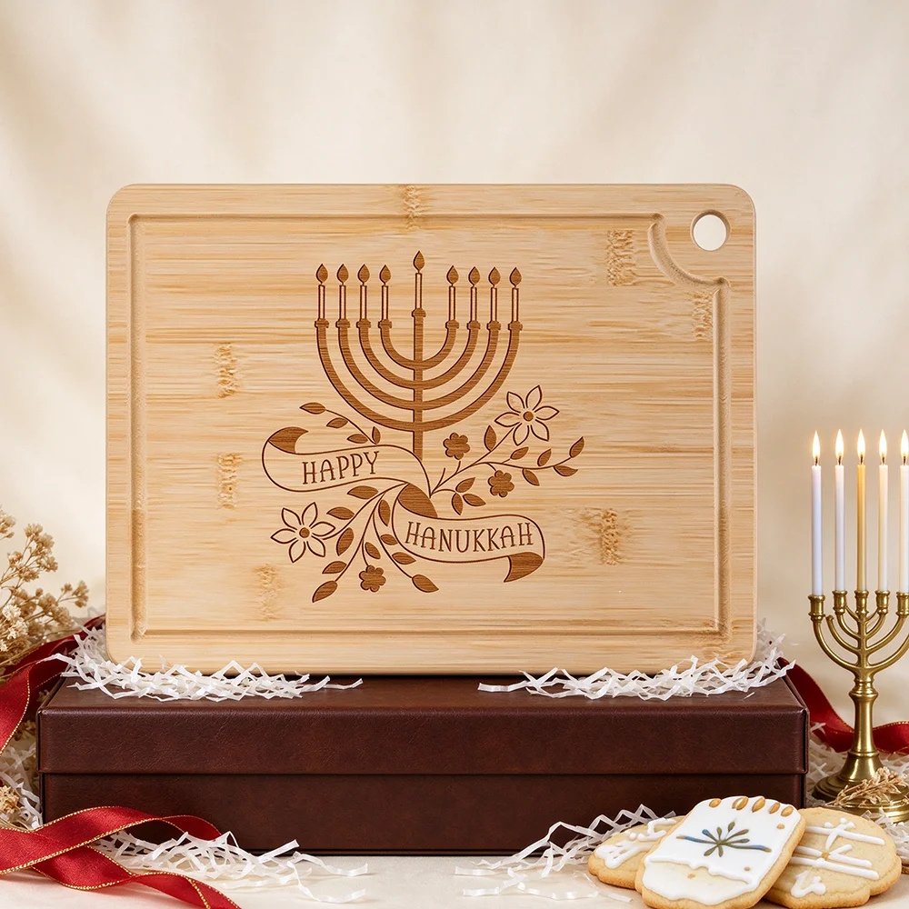 Happy Hanukkah Engraved Cutting Board Holla for Challah Hamotzi & Chanukiah Jewish Holiday Chanukah Wedding Housewarming Gift