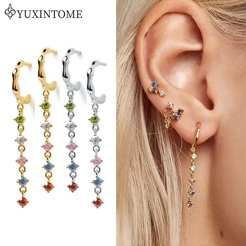 925 Sterling Silver Ear Needle Multi-zircon Color Chain Pendant Irregular Stud Earrings For Women Vintage Fashion Party Jewelry