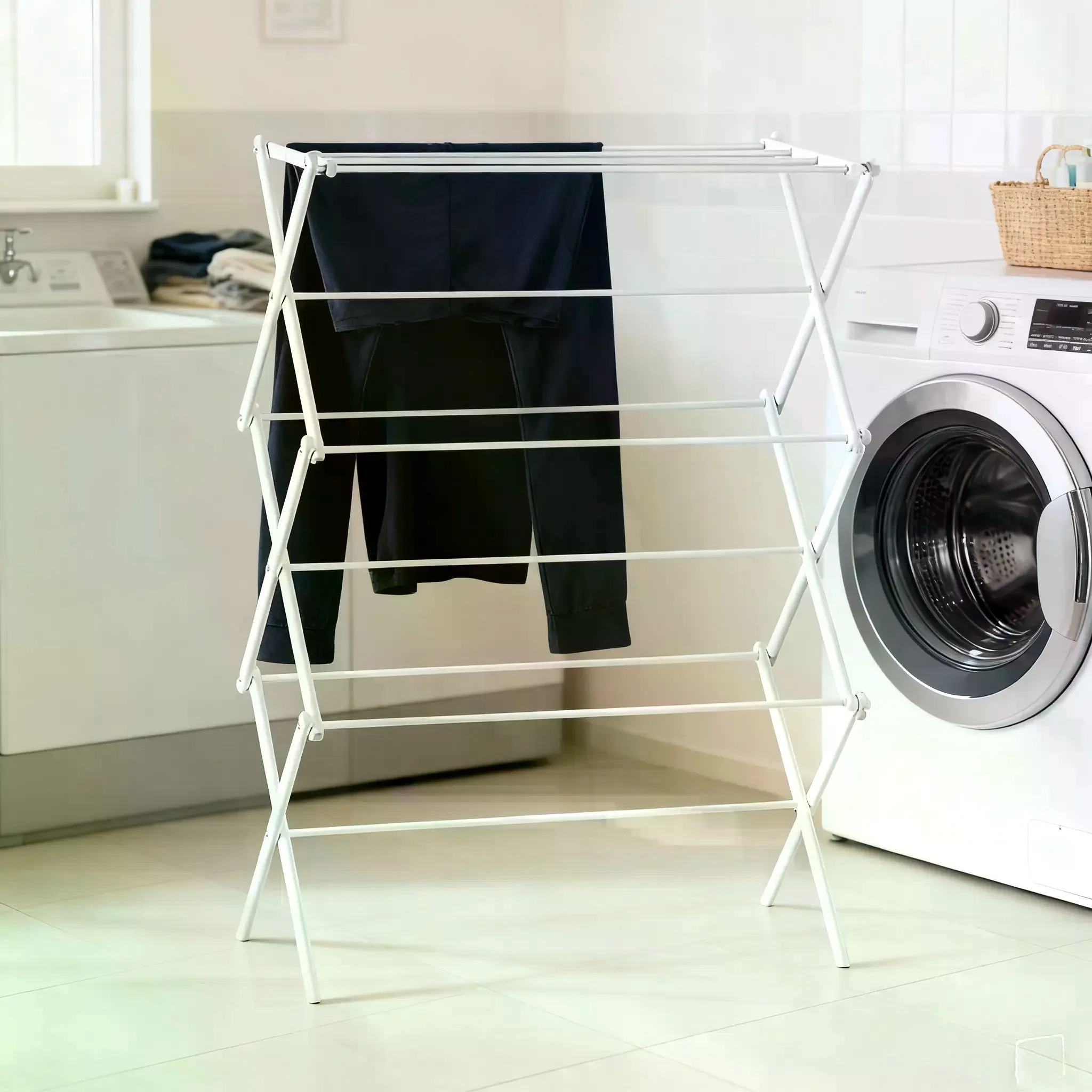 Heavy Duty Foldable Laundry Drying Rack - White Chrome Home Essential Laundry Accessory with Durable Metal Frame, Freestanding Modern Design, Easy Mobility, Compact Pack Large Capacity for Indoors/Outdoors Use
