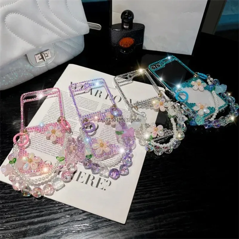 

New Luxury Flash diamond colorful Diagonal flower Bracelet Fold Folding Screen for Samsung ZFlip5 ZFold Shockproof Phone Case