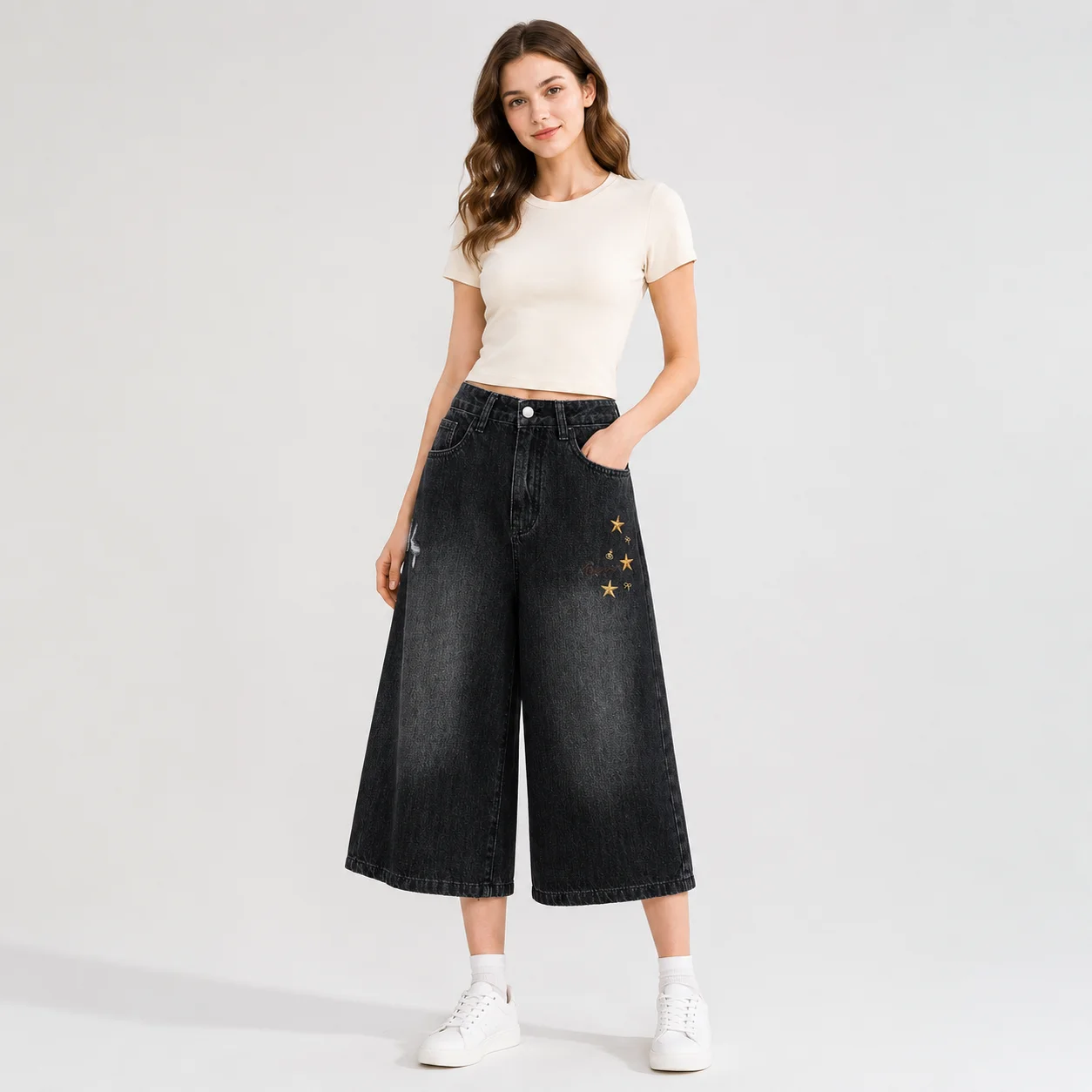 EOENKKY Women's Washed Black Cropped Wide Leg Jeans High Waist Star Embroidery Distressed Denim Culottes Summer Casual Pants