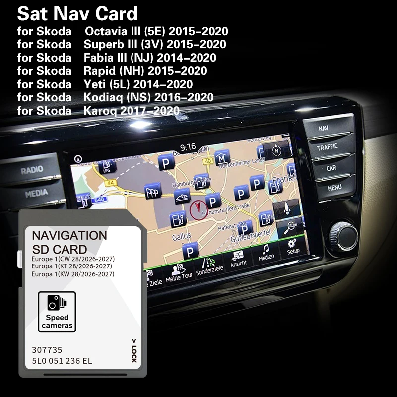 32GB MIB2 2026-2027 for Skoda Yeti 2014 2015 to 2020 Navigation SD Card Cover Italy Kosovo Kazakhstan Latvia Metal Europe