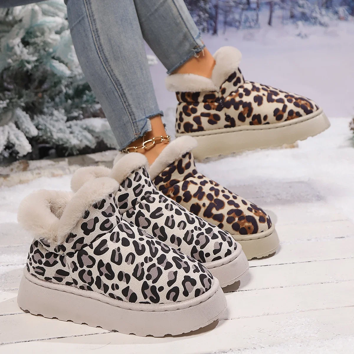 Flat Heeled Women\'s Midsole Boots Winter New Lightweight Round Toe Boots Women\'s Rubber Wedge Snow Boots Leopard Print  608