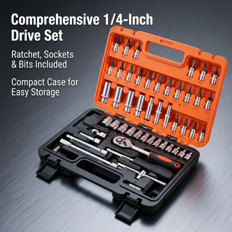 53pcs Car Repair Tool Kit 1/4-Inch Socket Set Car Repair Tool Ratchet Torque Wrench Combo Auto Repairing Set Mechanic Tool
