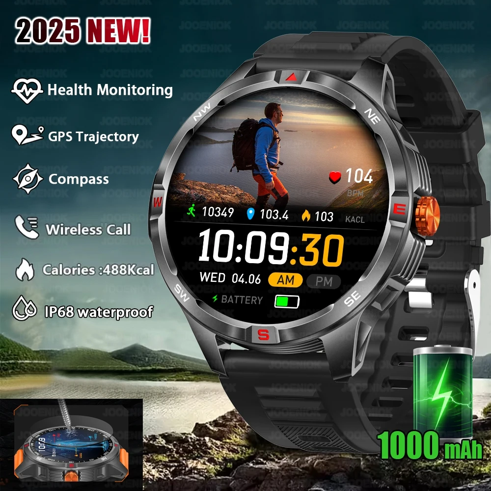 2025 New Model 1000mAh Battery Military Outdoor Smart Watch Men Sports Fitness Compass IP68 Waterproof Bluetooth Call Smartwatch