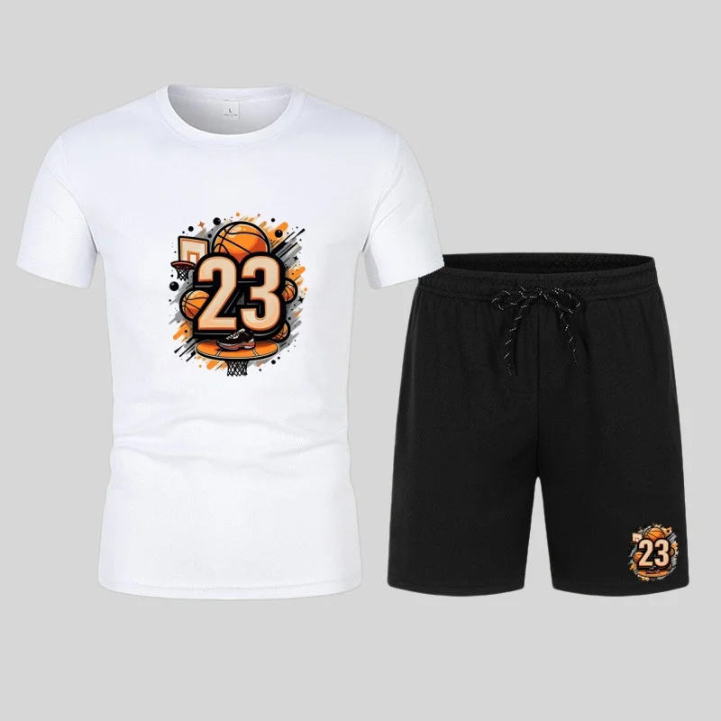 New men's summer fitness sportswear, a two-piece set including short-sleeved T-shirt and shorts, comfortable and breathable casu