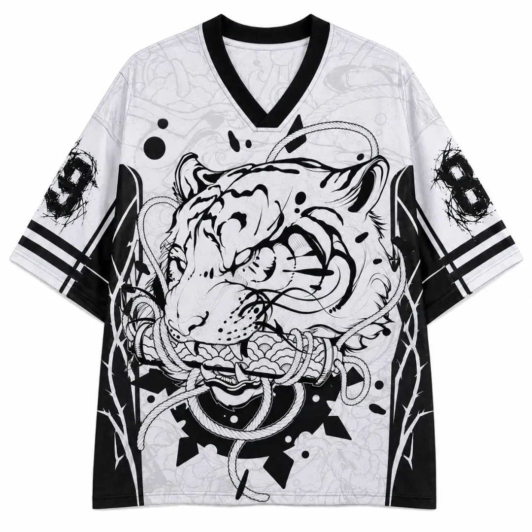 Black and White Sketch Tiger Thorn Vine Rope Pattern Full Width Printed T-shirt Japanese Loose Sports Breathable Casual Top