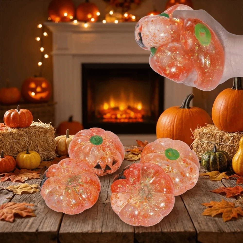 Portable Soft Texture Halloween Pumpkin Squeeze Glittering Stretch Pinching Squishy Fidget TPR Elastic Fidget Sensory Party