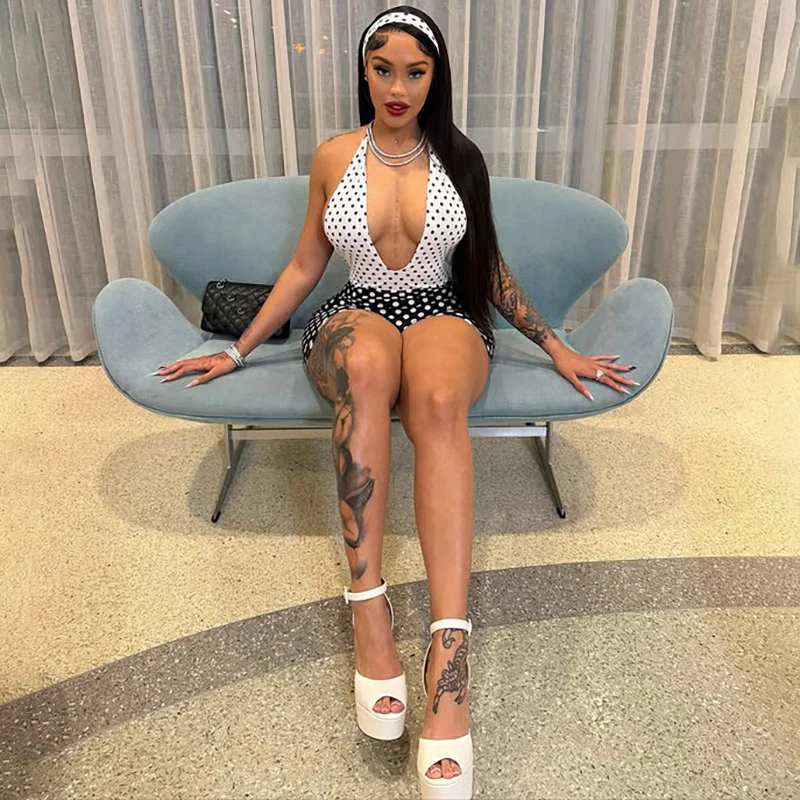 مثير دوت طباعة Bodycon Playsuits امرأة رومبير أكمام الرسن الخامس الرقبة عارية الذراعين المرقعة نحيل نادي حفلة قطعة واحدة داخلية