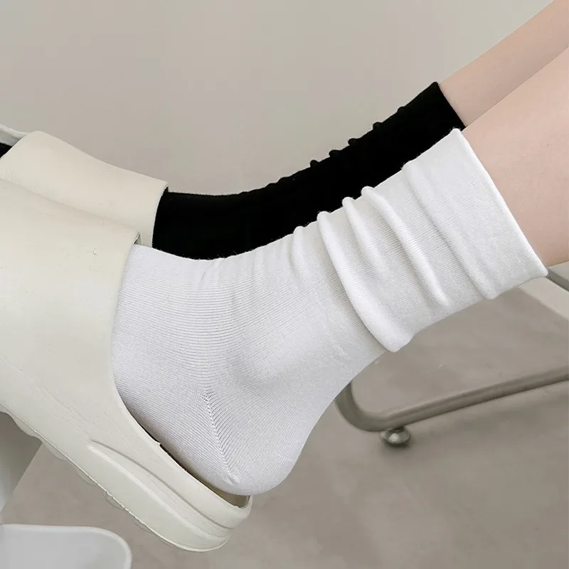 

3 Pairs Women's Cotton Thin Mid-Calf Socks Female Spring Summer Grip School Socks Set Solid Color White Black Girl Knit Socks