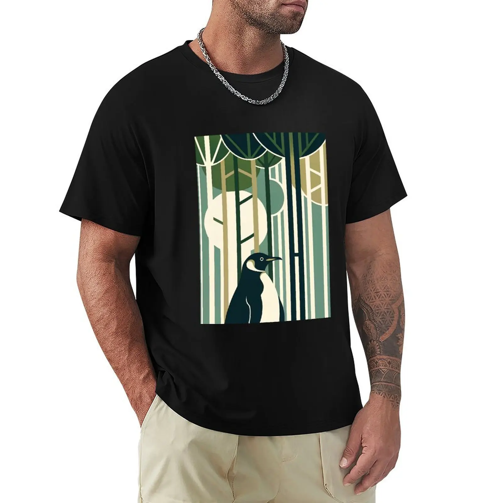 Olive Green Cream Penguin In Retro Vintage 60s 70s Illustration Forest T-Shirt Daily Casual Short Sleeve Tee Shirt