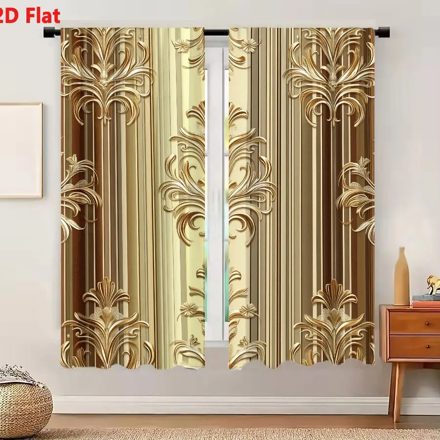 2Pcs Curtains 2D Flat Ornate Decorative Pattern Gold Bronze Vertical Stripes Floral Foliate Motifs Baroque Art Nouveau Inspired