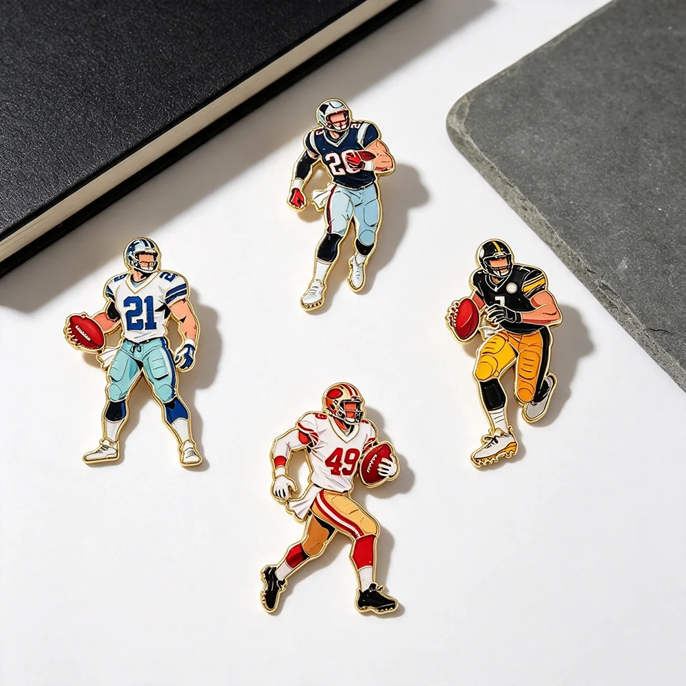 4Pcs American Football Player Ename Pins Set for Boys Cool Sports Character Lapel Brooches Collectible Gifts for Backpacks view 2