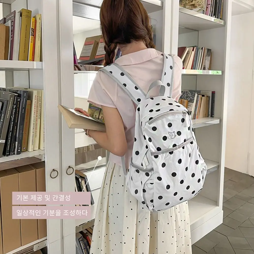 Cute Sweet Polka Dot Backpack Minimalist Large Capacity Nylon Rucksack Durable Lightweight Student School Bag Outdoor Use