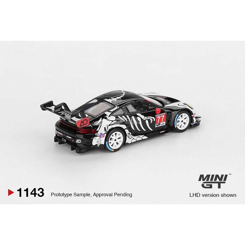 ما قبل البيع MINIGT 1143 1:64 بورش 911 GT3 R # 77 AO Racing IMSA Petit Le Mans Skeleton Rexy Halloween Diecast نموذج سيارة اللعب