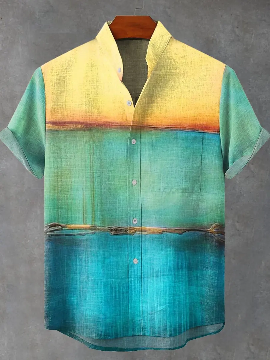 3D print wave print retro casual men's linen short sleeved shirt fashionable men's top linen short sleeved shirt - Image 3