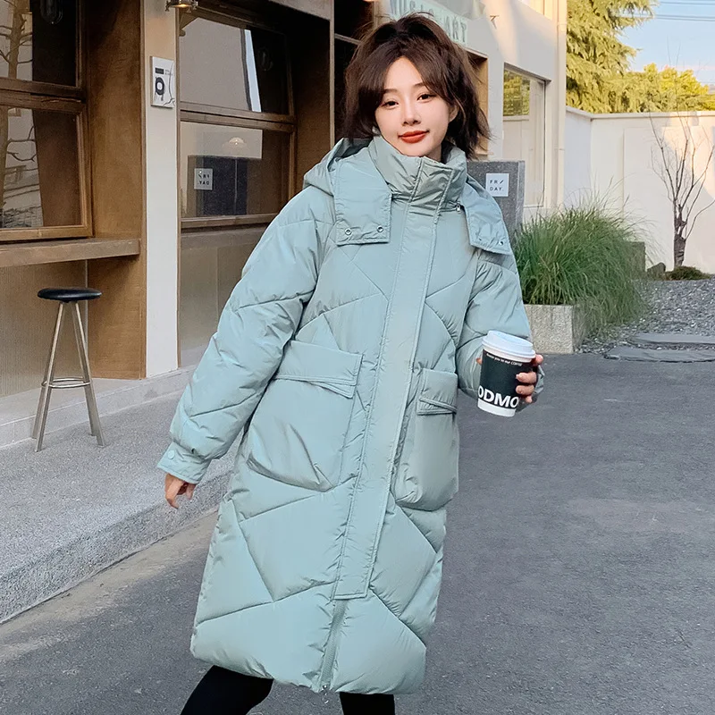 

2023 New Simple Cotton Coat Women's Mid Length Detachable Hat Bread Warm Parkas Female