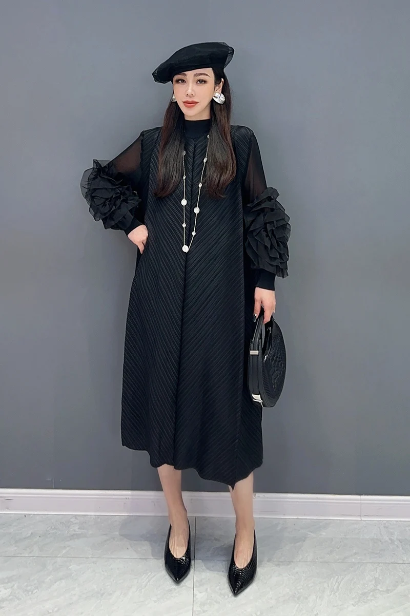 Vefadisa 2024 Summer New Black Pleated Dress Long Sleeved Round Neck Patchwork Sleeved Mid Length Women Dress HLX113