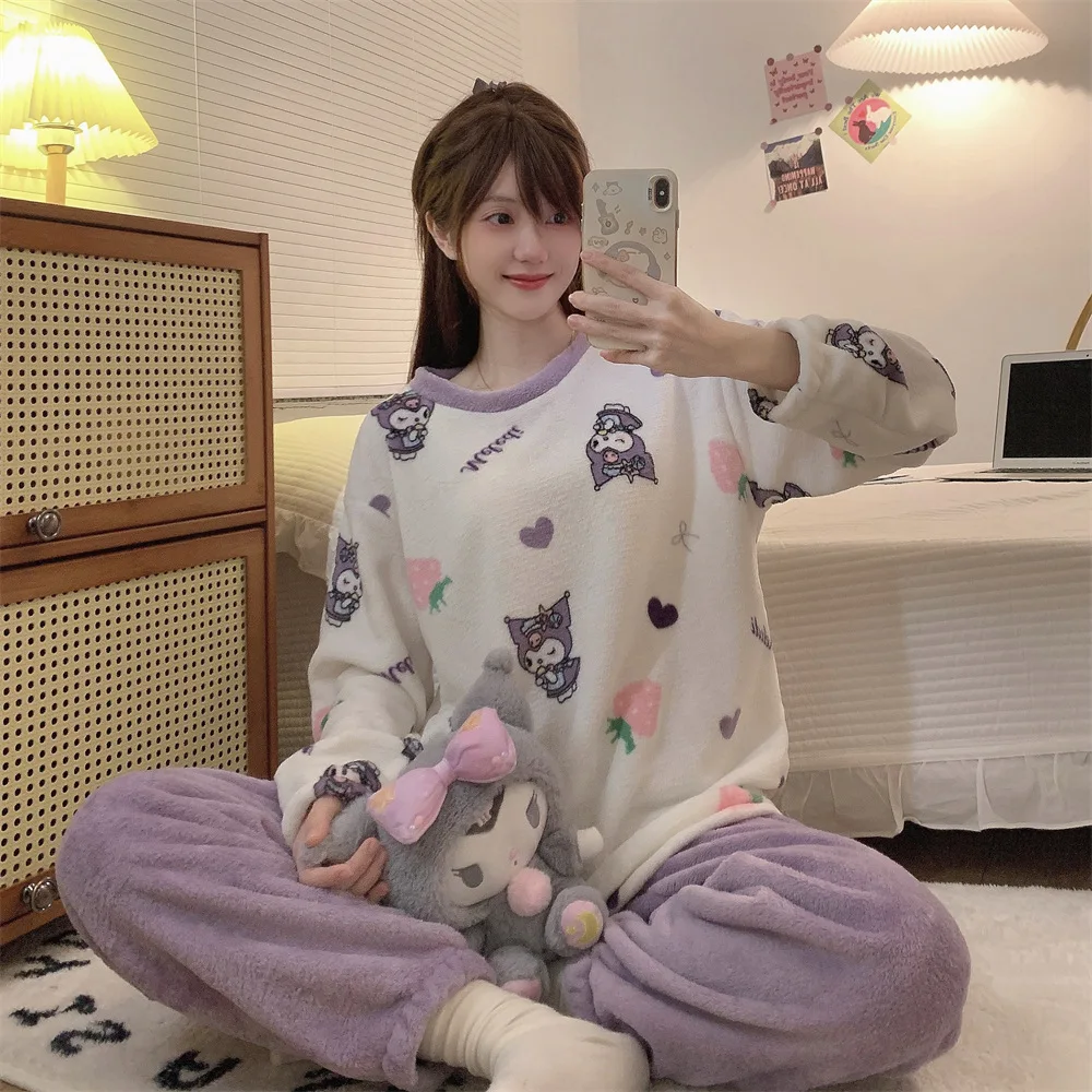 

Женские осенне-зимние пижамы Kuromi Sanrio, новый утепленный теплый комплект домашней одежды с героями мультфильмов аниме, подходит для одежды для подростков