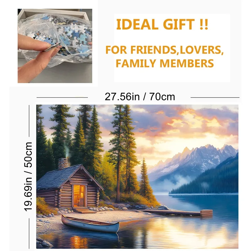 Cozy Lakeside Log Cabin Sunset, 1 Box 1000-Piece Jigsaw Puzzle, Peaceful Mountain Lake Landscape Puzzle