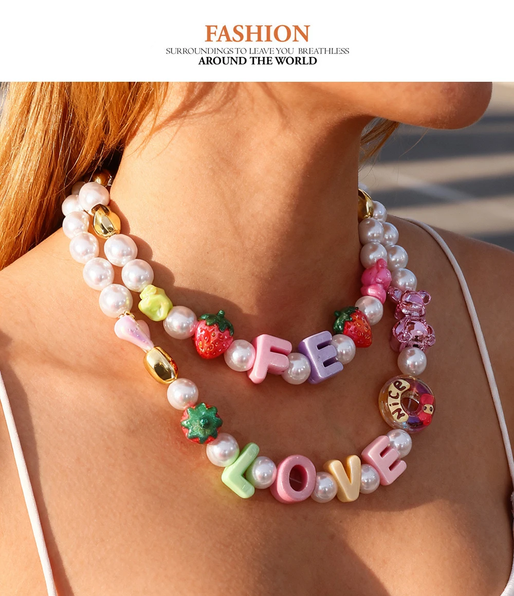 1 fashionable and high-end new letter LOVE donut teddy bear imitation pearl necklace, women's party daily versatile necklace