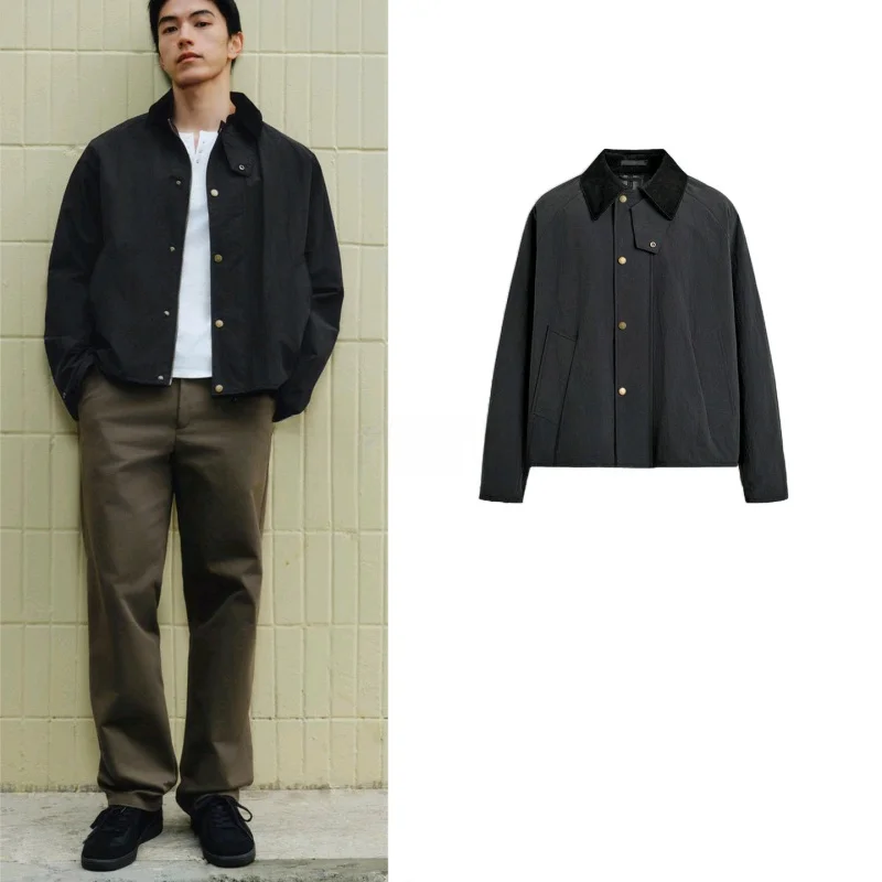

Spring New Men's Short PU Leather Jacket with Pocket Trim Flip Collar Seamed Splicing Oil Resistant Casual Style 8281102