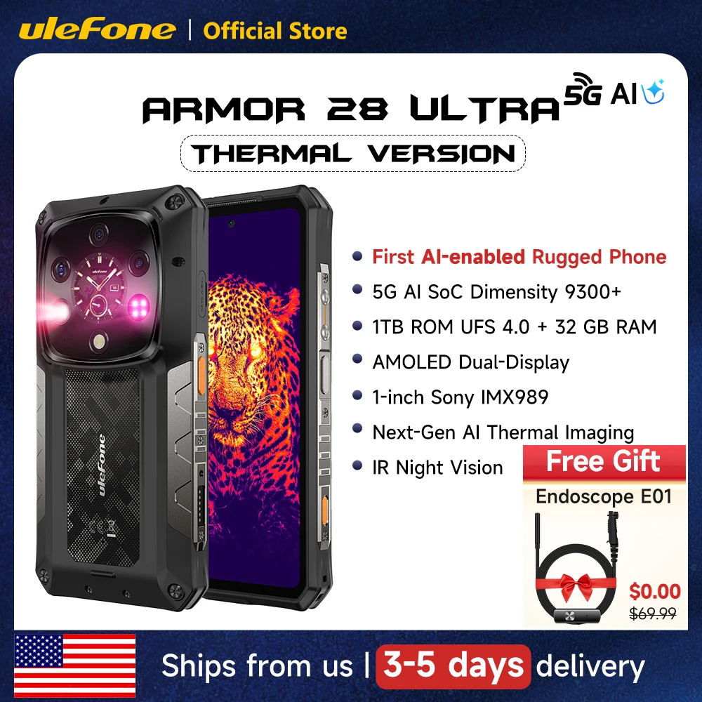 Ulefone Armor 28 Ultra 5G AI Thermal Imaging Rugged Phone 1TB ROM 32GB RAM Dimensity 9300+ Android AMOLED 6.67