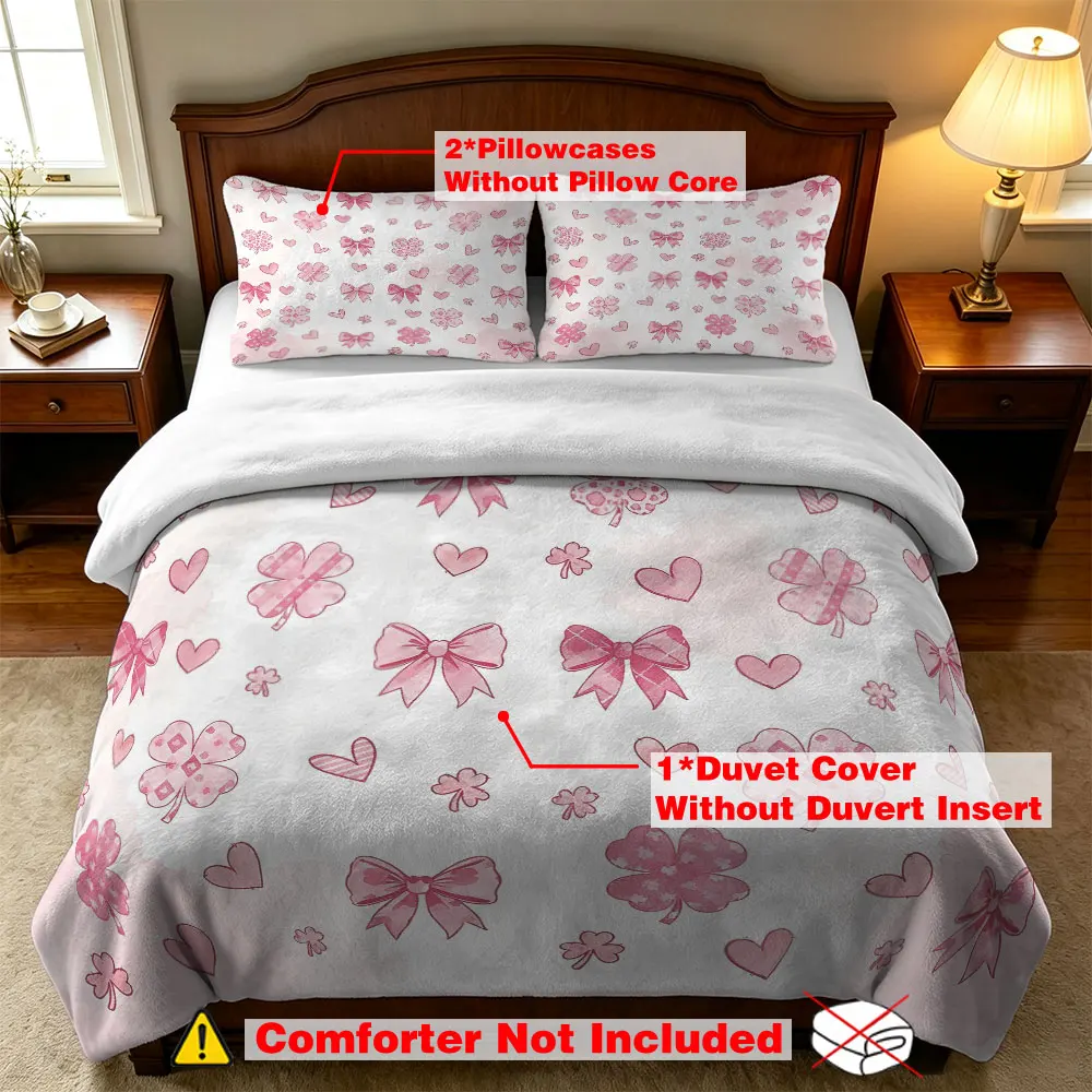3PCS Pink Bow Heart Clover Print Milk Velvet Bedding Set Soft Warm Winter Unfilled Duvet Cover And Two Pillowcases For Bedroo
