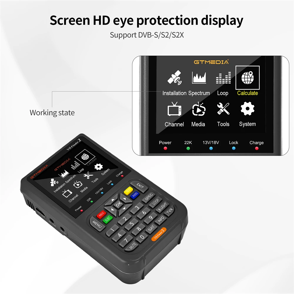 GTMEDIA V8 Finder 2 DVB-S/S2/S2X جهاز قياس الأقمار الصناعية 3.5 بوصة شاشة LCD 1080P، منفذ Type-C Satfinder VS Freesat Finder Meter
