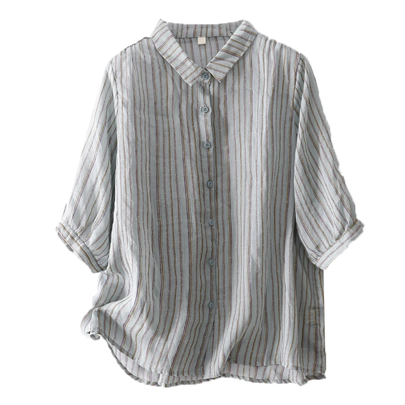 Verão leve respirável listra linho ort sve feminino casual solto emagrecimento solto topo faionable sete pés irt