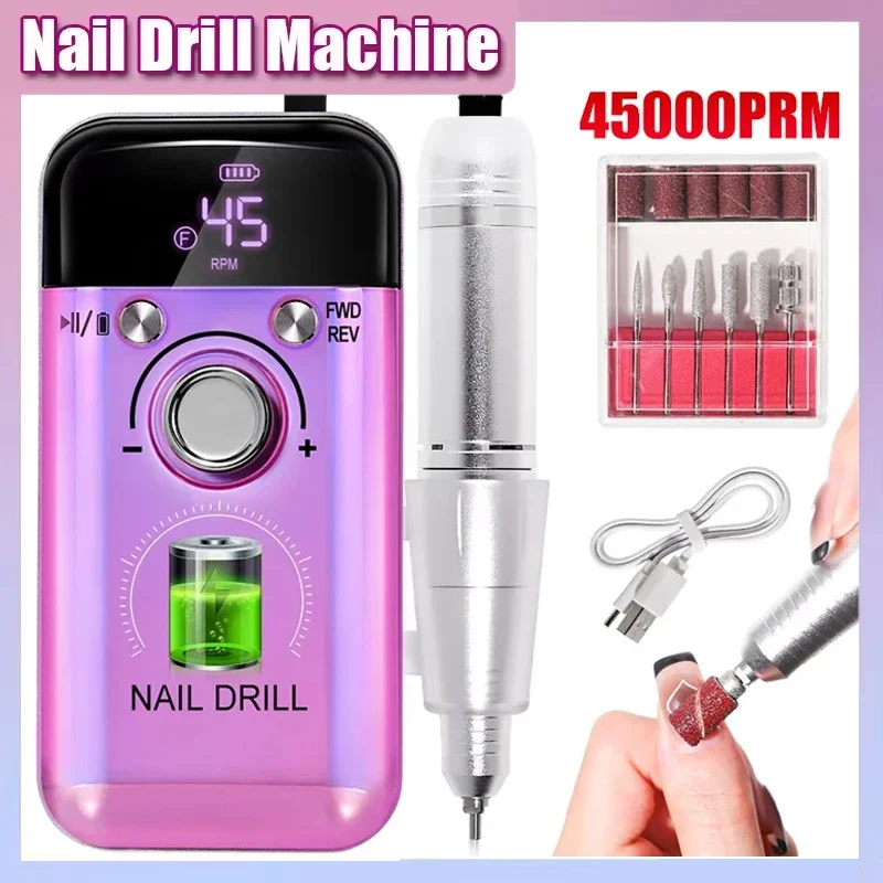 Trapano elettrico professionale per unghie 45000 giri/min Strumento per manicure per smalto per unghie in gel portatile ricaricabile per trapani per unghie