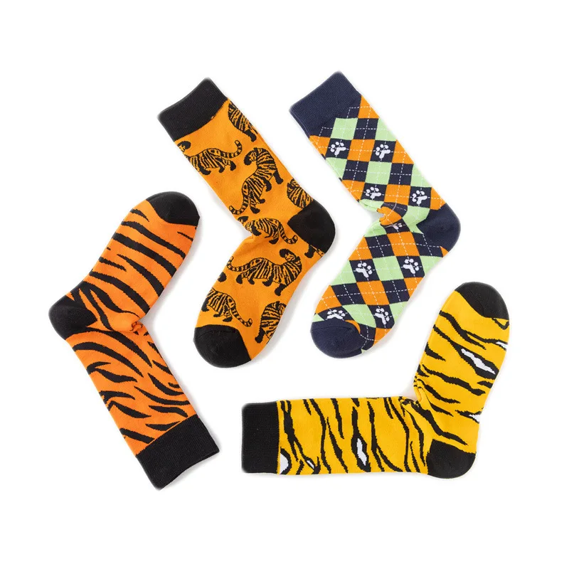 1 Pairs New Funky Skull Socks Men Tiger Cartoon Alien Novelty Hip Hop Orange Crazy Trend Socks Gift