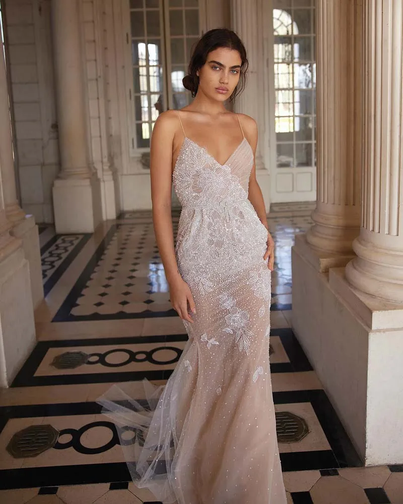 Vestido de novia largo de tul con tirantes finos y Espalda descubierta, traje Sexy de encaje con apliques de sirena para boda