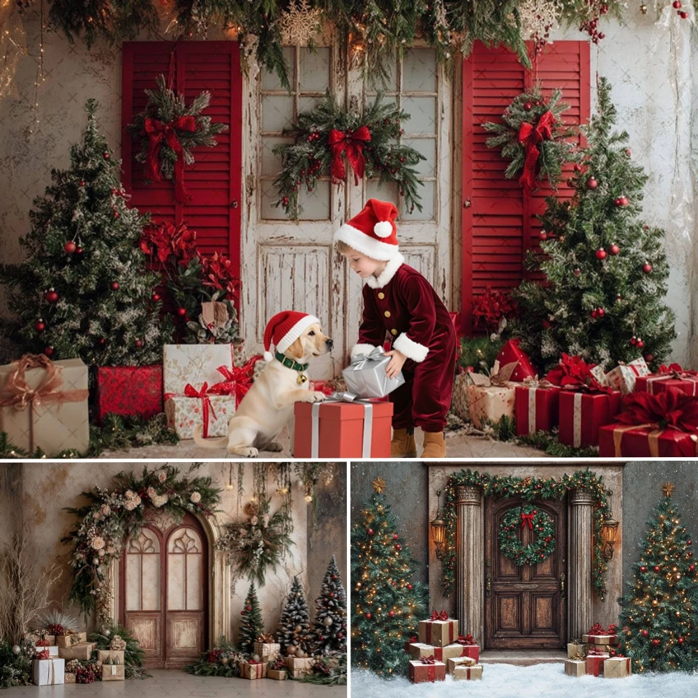 

Christmas Wooden Doors Backdrop Christmas Tree Window Wreath Snowman Pine New Year Decor Banner Photography Background